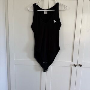 PINK Victoria's Secret Black V-Neck One-Piece Bodysuit with Dog Logo
